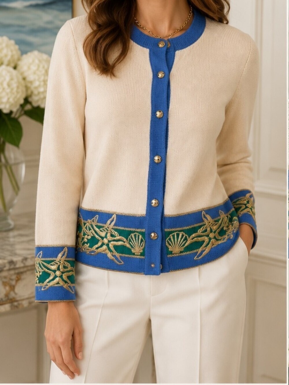 St John Marie Gray Vintage Santana Knit Nautical Cardigan Starfish Size 4